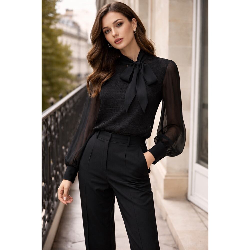 Ryegrass Blk Sheer Blouse Tie Neck Mesh Detail Long Sleeve Size XL Romantic Top